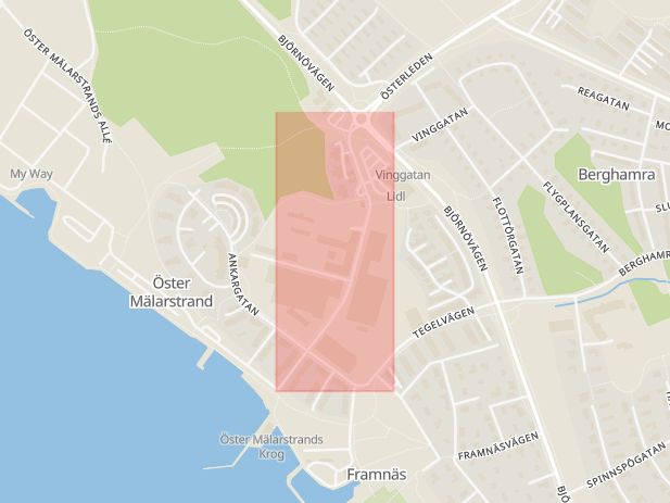 Karta som med röd fyrkant ramar in Regattagatan, Västerås, Västmanlands län