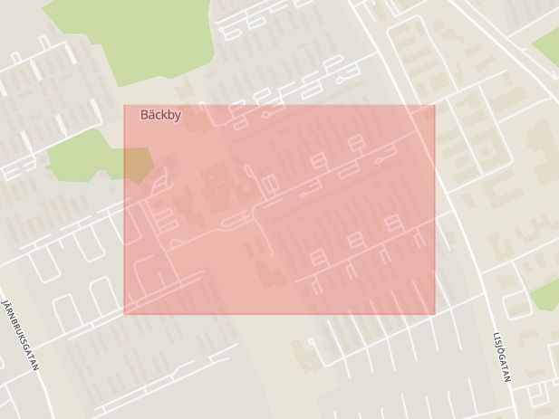 Karta som med röd fyrkant ramar in Bäckby, Välljärnsgatan, Västerås, Västmanlands län