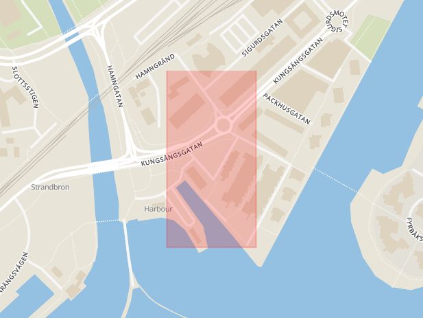 Karta som med röd fyrkant ramar in Sjötullsgatan, Västerås, Västmanlands län