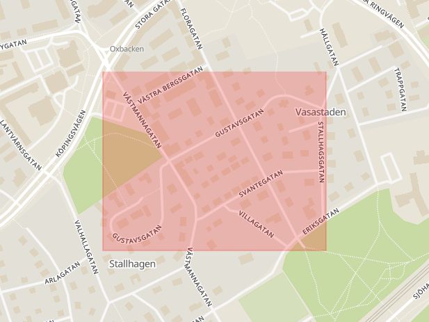 Karta som med röd fyrkant ramar in Västerås, Gustavsgatan, Bruksvägen, Virsbo, Västmanlands län
