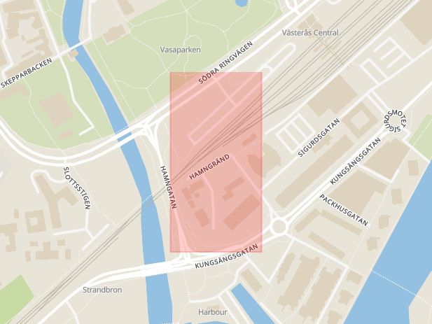 Karta som med röd fyrkant ramar in Hamngränd, Östra Hamnen, Västerås, Västmanlands län