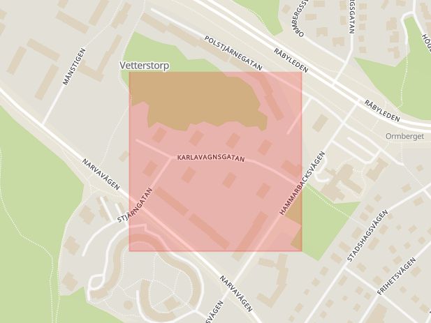 Karta som med röd fyrkant ramar in Karlavagnsgatan, Västerås, Västmanlands län
