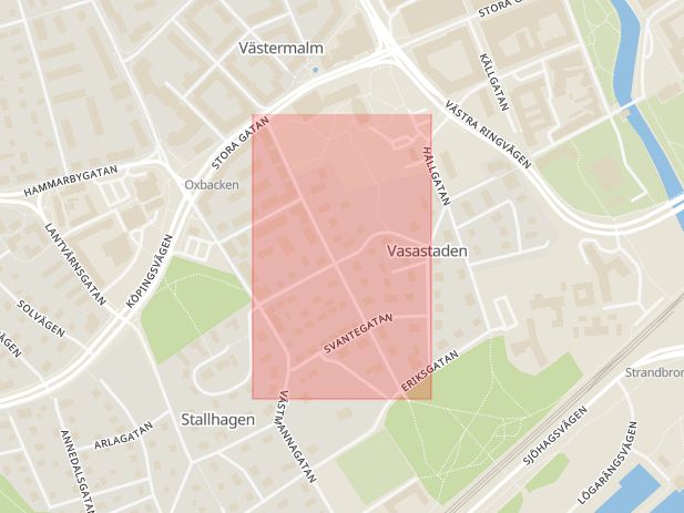 Karta som med röd fyrkant ramar in Vasastaden, Floragatan, Västerås, Västmanlands län