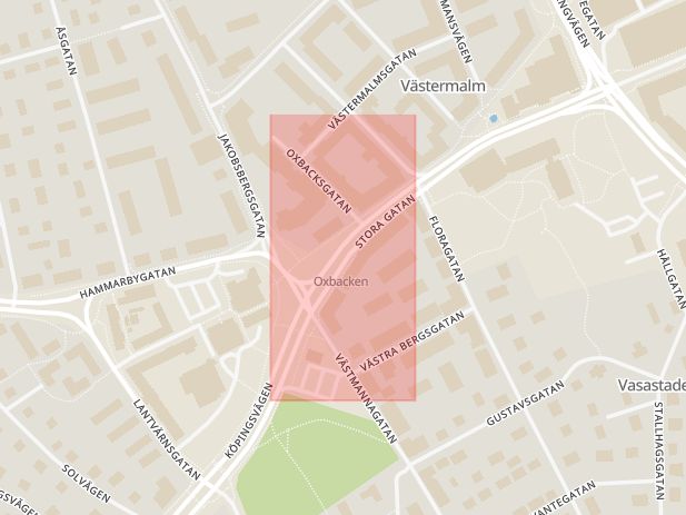 Karta som med röd fyrkant ramar in Oxbacken, Västerås, Västmanlands län