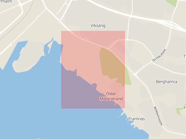 Karta som med röd fyrkant ramar in Öster Mälarstrand, Västerås, Västmanlands län