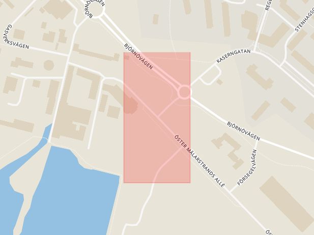 Karta som med röd fyrkant ramar in Öster Mälarstrand, Bäckahästgatan, Västerås, Västmanlands län