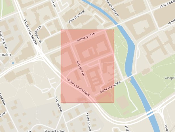 Karta som med röd fyrkant ramar in Västgötegatan, Västerås, Västmanlands län
