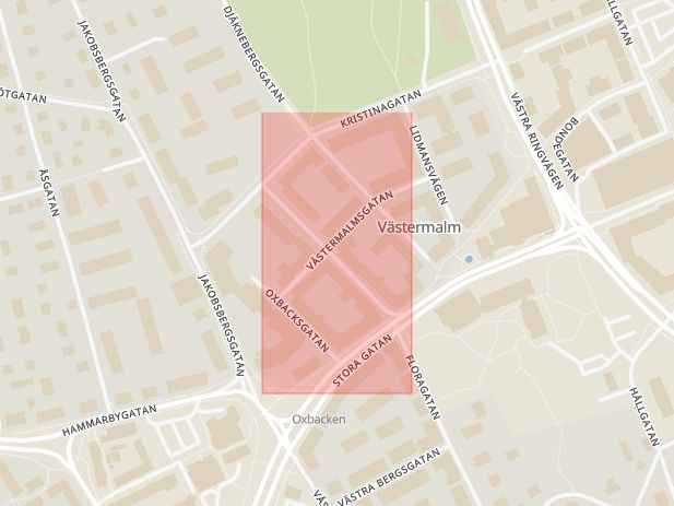 Karta som med röd fyrkant ramar in Norra Floragatan, Västerås, Västmanlands län
