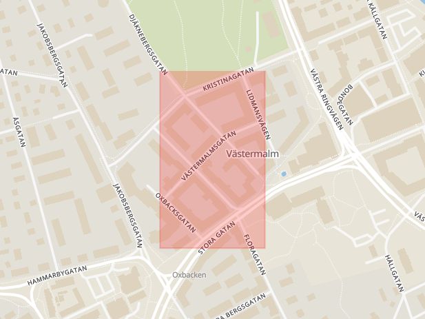 Karta som med röd fyrkant ramar in Västermalmsgatan, Västerås, Västmanlands län