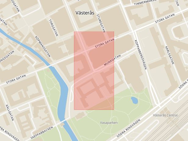 Karta som med röd fyrkant ramar in Munkgatan, Vasagatan, Västerås, Västmanlands län