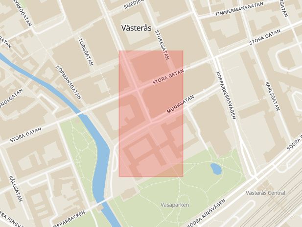 Karta som med röd fyrkant ramar in Vl Kundcenter, Munkgatan, Vasagatan, Västerås, Västmanlands län