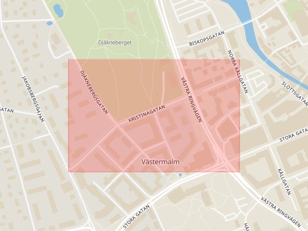 Karta som med röd fyrkant ramar in Kristinagatan, Västerås, Västmanlands län