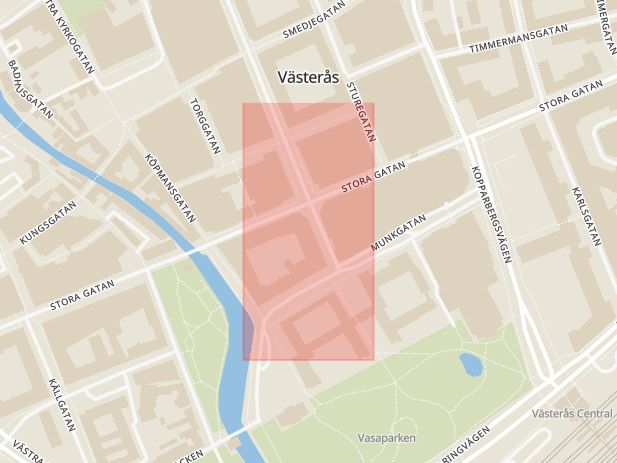 Karta som med röd fyrkant ramar in Vasagatan, Stora Gatan, Västerås, Västmanlands län