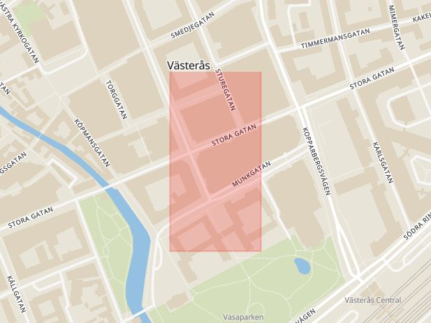 Karta som med röd fyrkant ramar in Vasagatan, Espresso, House, Hamngatan, Västerås, Västmanlands län