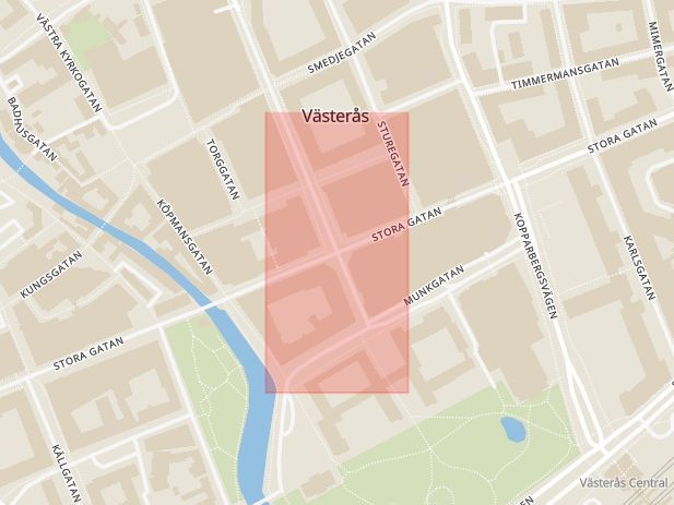 Karta som med röd fyrkant ramar in Stora Gatan, Vasagatan, Västerås, Västmanlands län