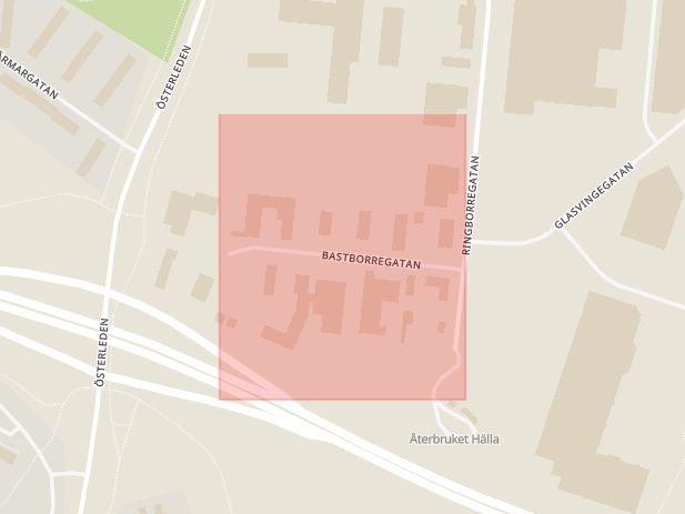 Karta som med röd fyrkant ramar in Bastborregatan, Västerås, Västmanlands län