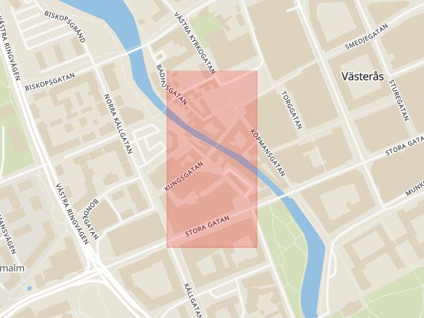 Karta som med röd fyrkant ramar in Nya Hattfabriken, Västerås, Västmanlands län