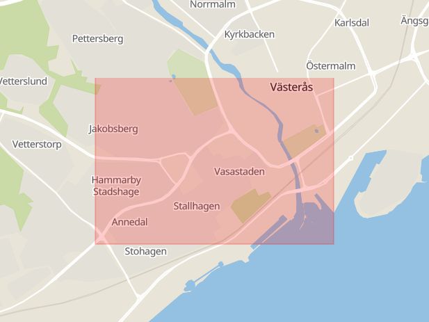 Karta som med röd fyrkant ramar in Vasastaden, Arboga, Västmanlands län