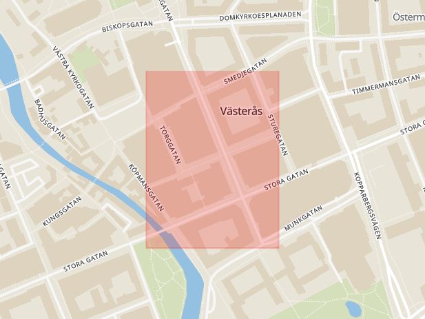 Karta som med röd fyrkant ramar in Hantverkargatan, Västerås, Västmanlands län