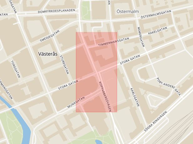 Karta som med röd fyrkant ramar in Kopparbergsvägen, Stora Gatan, Västerås, Västmanlands län