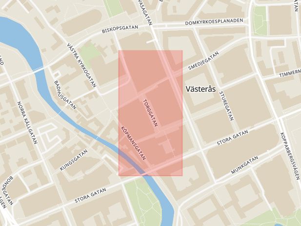 Karta som med röd fyrkant ramar in Torggatan, Västerås, Västmanlands län