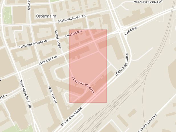 Karta som med röd fyrkant ramar in Östermalm, Stora Gatan, Mimergatan, Västerås, Västmanlands län