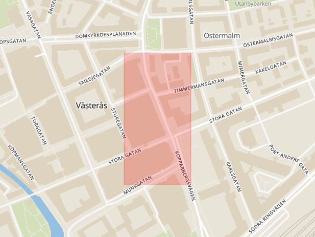 Karta som med röd fyrkant ramar in Gallerian, Västerås, Västmanlands län