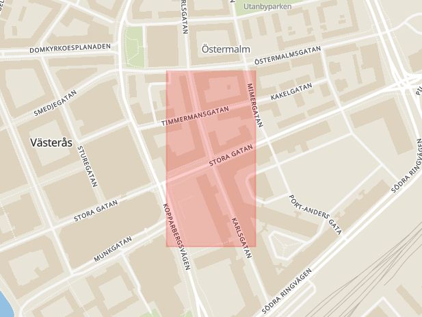 Karta som med röd fyrkant ramar in Karlsgatan, Stora Gatan, Västerås, Västmanlands län
