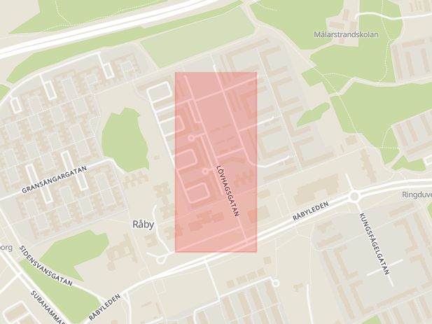 Karta som med röd fyrkant ramar in Lövhagsgatan, Västerås, Västmanlands län