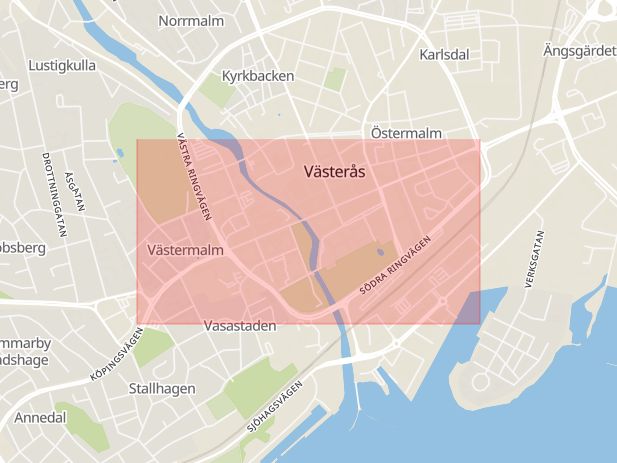 Karta som med röd fyrkant ramar in Stora Gatan, Västerås, Västmanlands län