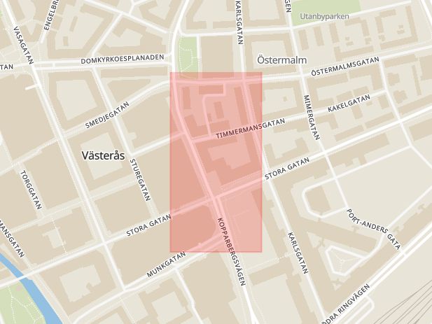 Karta som med röd fyrkant ramar in Skrapan, Kopparbergsgatan, Västerås, Västmanlands län