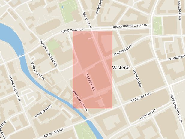 Karta som med röd fyrkant ramar in Smedjegatan, Matstället, Västerås, Västmanlands län