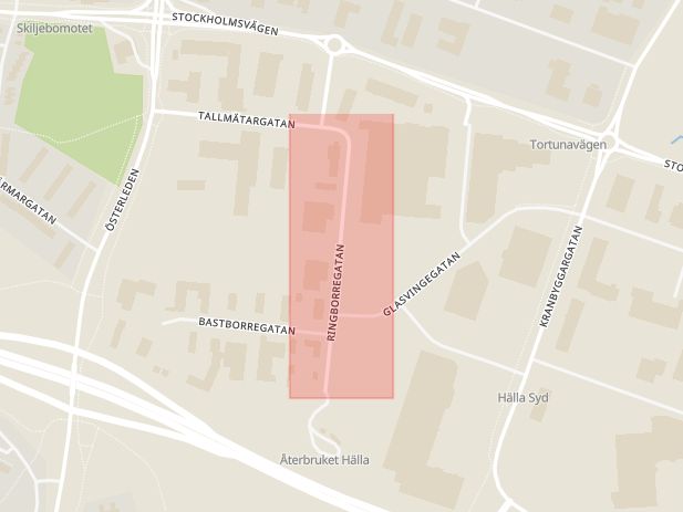 Karta som med röd fyrkant ramar in Ringborregatan, Hälla, Västerås, Västmanlands län