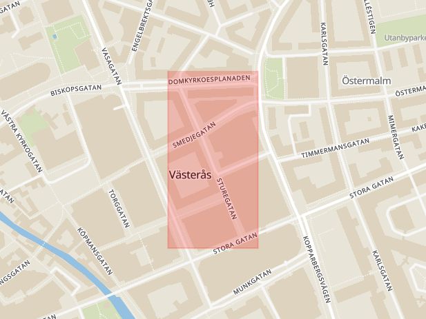 Karta som med röd fyrkant ramar in Sture, Smedjegatan, Västerås, Västmanlands län
