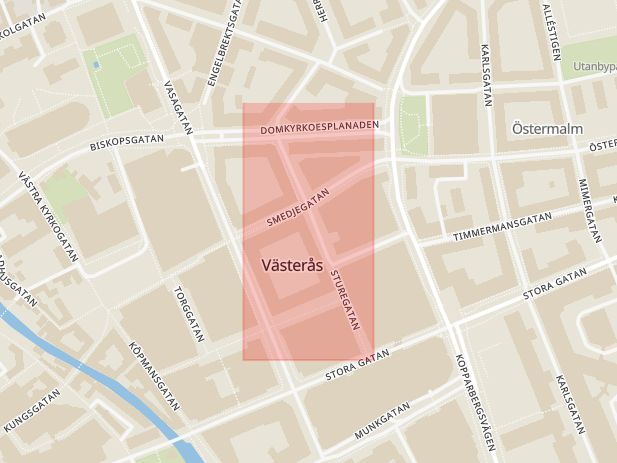 Karta som med röd fyrkant ramar in Gränden, Västerås, Västmanlands län