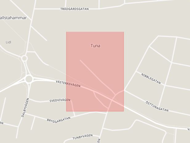 Karta som med röd fyrkant ramar in Surbrunnsvägen, Västerås, Hallstahammar, Västmanlands län