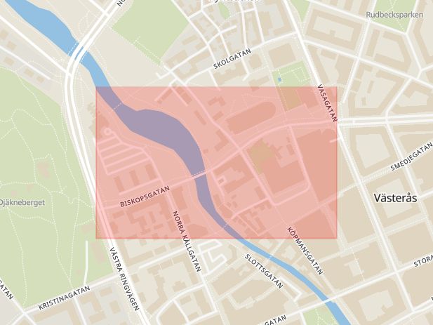 Karta som med röd fyrkant ramar in Biskopsgatan, Västerås, Västmanlands län