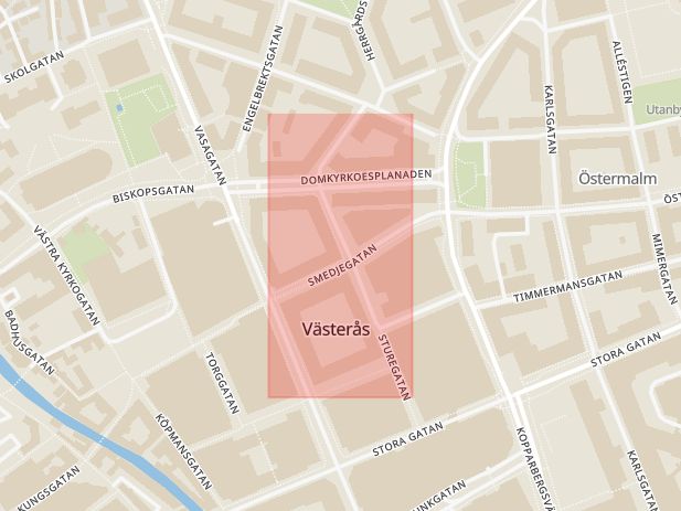 Karta som med röd fyrkant ramar in Bröd, Ett Bageri, Smedjegatan, Västerås, Västmanlands län