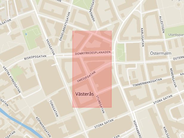Karta som med röd fyrkant ramar in Forex, Smedjegatan, Västerås, Västmanlands län