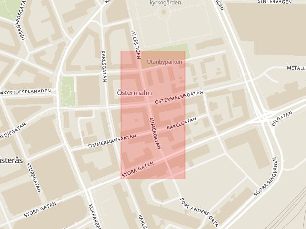 Karta som med röd fyrkant ramar in Mimergatan, Västerås, Västmanlands län