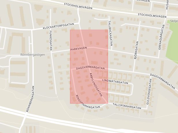 Karta som med röd fyrkant ramar in Dagsvärmargatan, Årbylundsgatan, Västerås, Västmanlands län