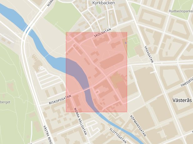 Karta som med röd fyrkant ramar in Västra Kyrkogatan, Västerås, Västmanlands län
