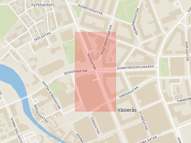 Karta som med röd fyrkant ramar in Vasagatan, Biskopsgatan, Västerås, Västmanlands län