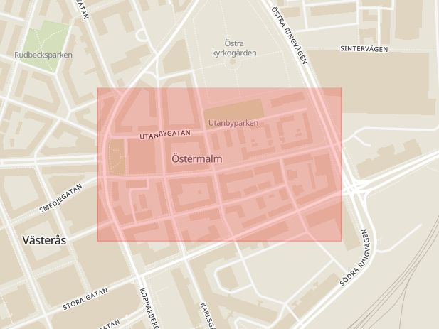 Karta som med röd fyrkant ramar in Östermalmsgatan, Västerås, Västmanlands län