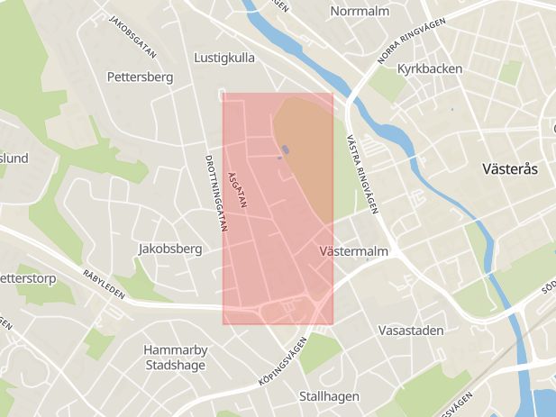 Karta som med röd fyrkant ramar in Jakobsbergsgatan, Västerås, Västmanlands län