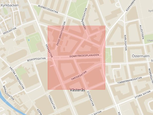 Karta som med röd fyrkant ramar in Domkyrkoesplanaden, Västerås, Västmanlands län