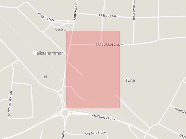 Karta som med röd fyrkant ramar in Nämndemansgatan, Hallstahammar, Västmanlands län
