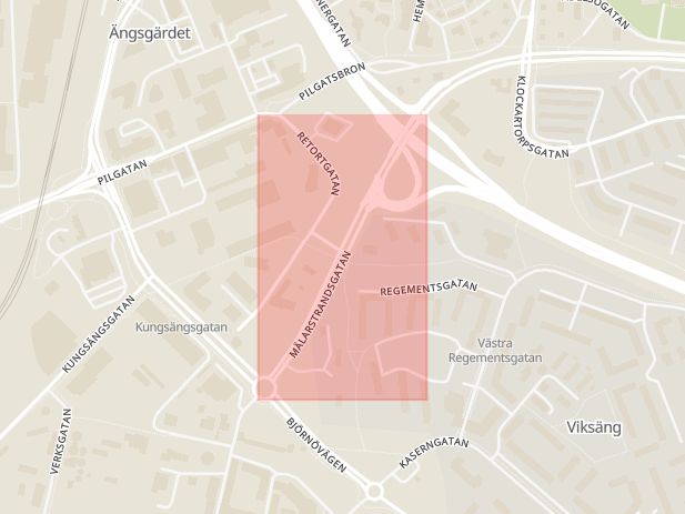 Karta som med röd fyrkant ramar in Mälarstrandsgatan, Västerås, Västmanlands län