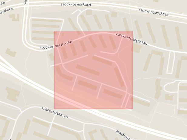 Karta som med röd fyrkant ramar in Klockargatan, Västerås, Västmanlands län