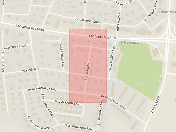 Karta som med röd fyrkant ramar in Björkgatan, Västerås, Västmanlands län